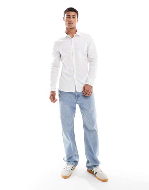 New Look long sleeve muscle fit poplin shirt in white, 2 of 4
