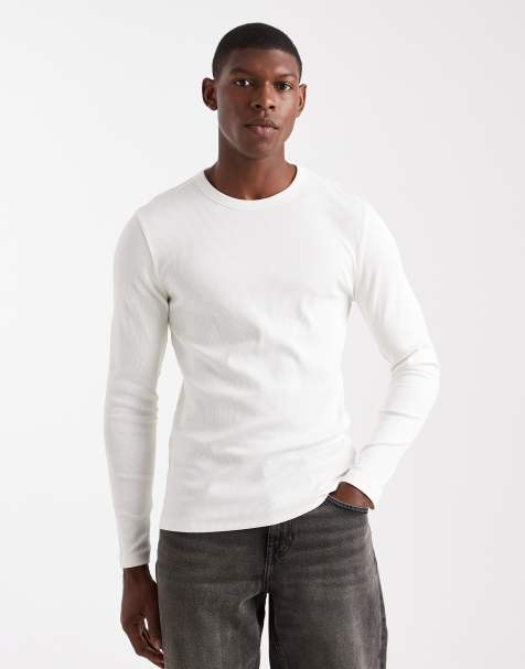 New Look long sleeve muscle fit ribbed t-shirt in off-white - view 1