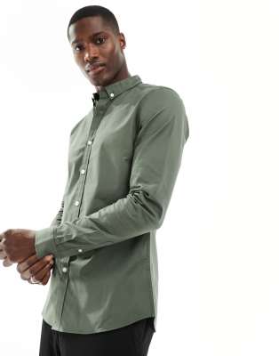 New Look long sleeve muscle fit shirt in khaki-Green