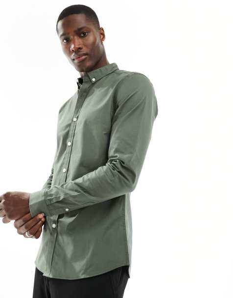 New Look long sleeve muscle fit shirt in khaki - view 1