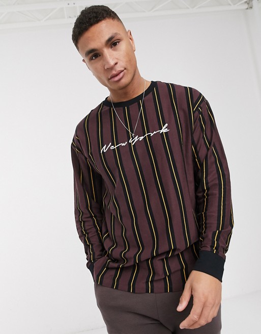 New Look long sleeve New York embroidered stripe t-shirt in burgundy