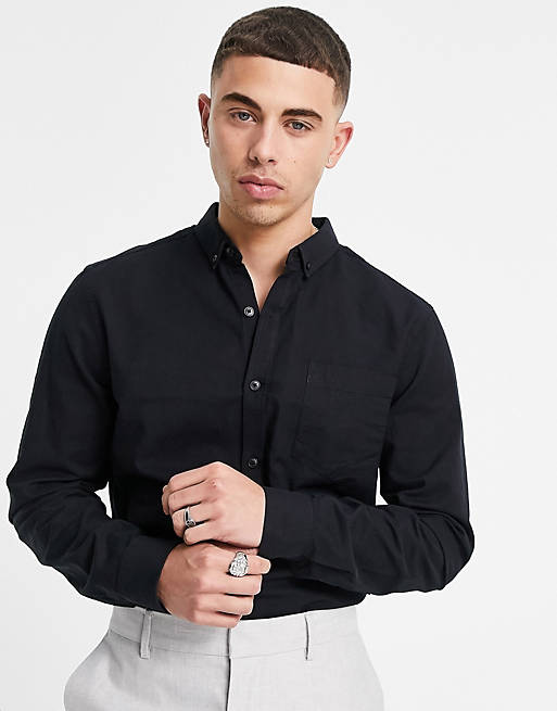 Men New Look long sleeve organic cotton oxford shirt in black 