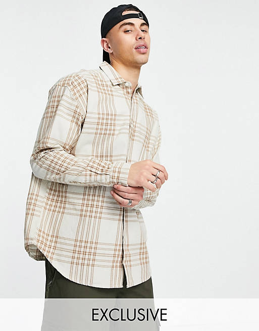 New Look long sleeve oversized check shirt in stone