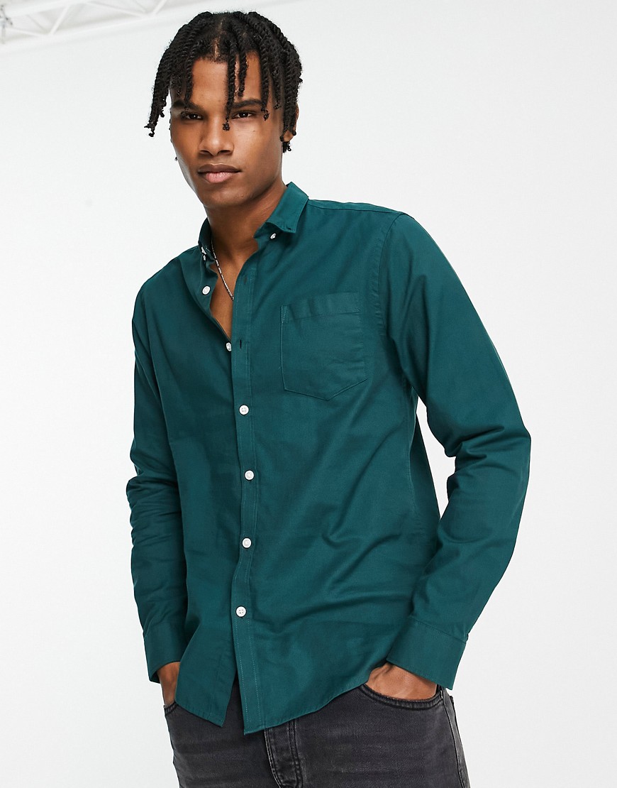 New Look Long Sleeve Oxford Shirt In Dark Green