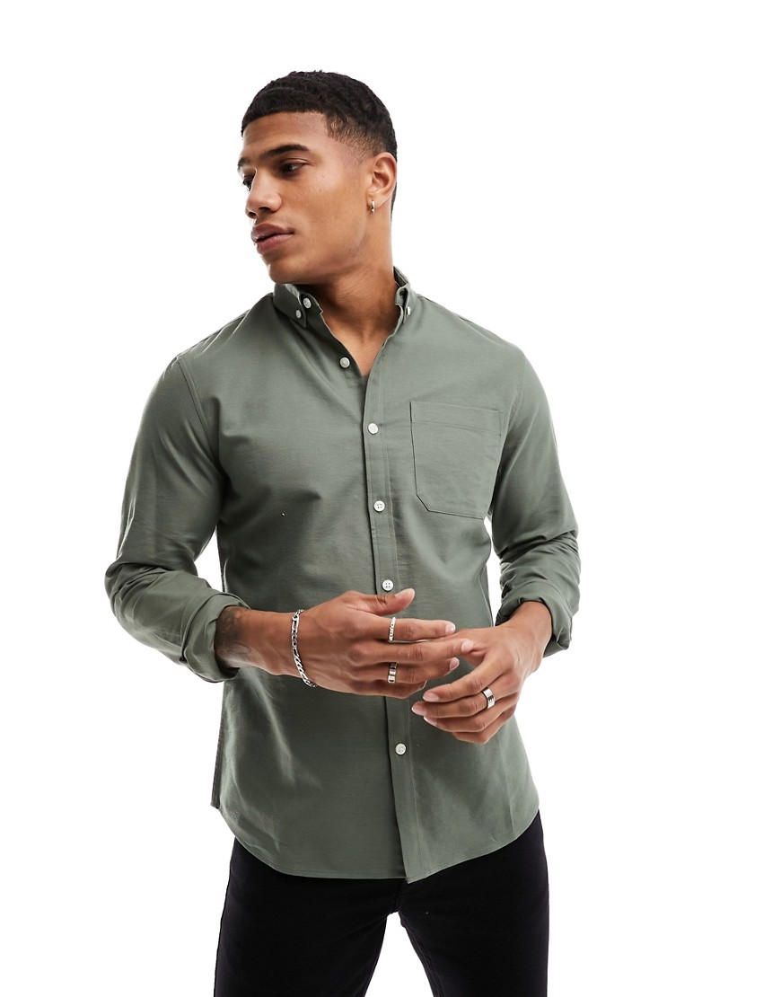 New Look long sleeve oxford shirt in khaki-Green