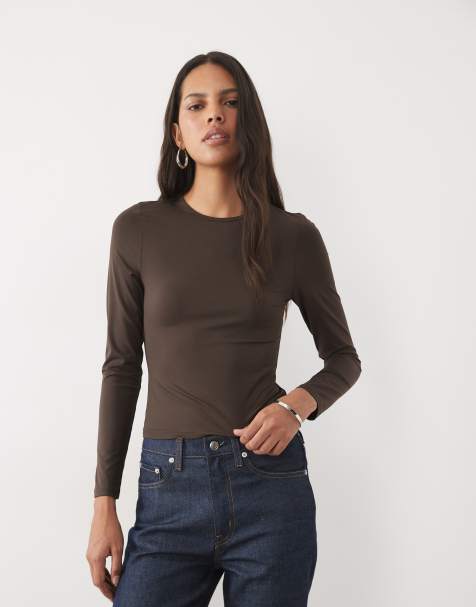New Look long sleeve polyamide top in dark brown - view 1