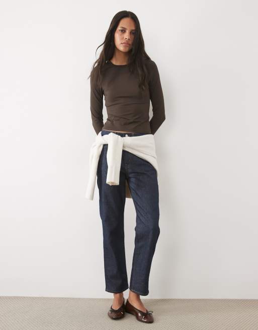 New Look long sleeve polyamide top in dark brown, 2 of 4