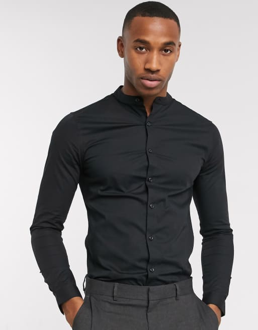 New Look long sleeve poplin grandad collar shirt in black | ASOS