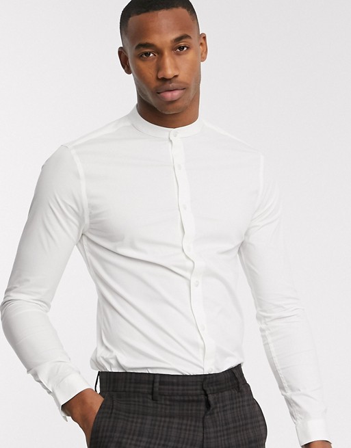 New Look long sleeve poplin grandad collar shirt in white