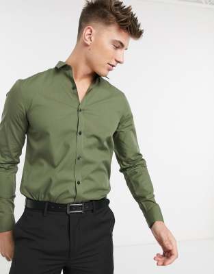 NEW LOOK LONG SLEEVE POPLIN SHIRT IN KHAKI-GREEN,647584934