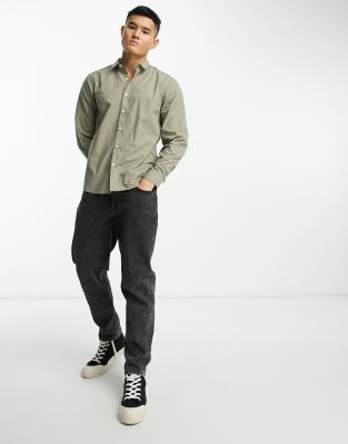 New Look long sleeve poplin shirt in light khaki | ASOS