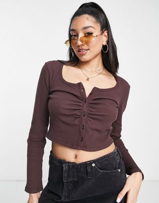 New Look long sleeve ruched button through top in brown
