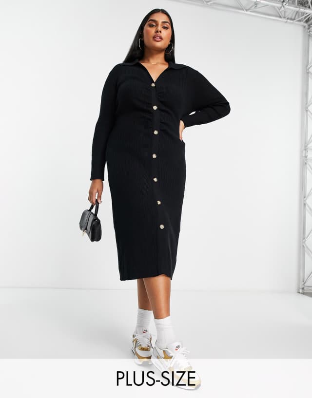 New Look long sleeve ruched front button through midi dress in black