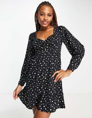 New Look long sleeve ruched front mini dress in black polka dot