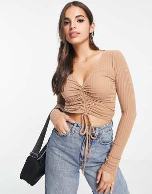 New Look long sleeve ruched front top in camel