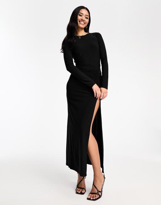 New Look long sleeve ruched midi dress in black ASOS