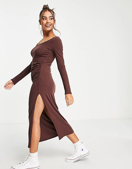 Dresses New Look long sleeve ruched midi dress with side split in brown 