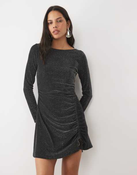 New Look long sleeve ruched shimmer mini dress in black