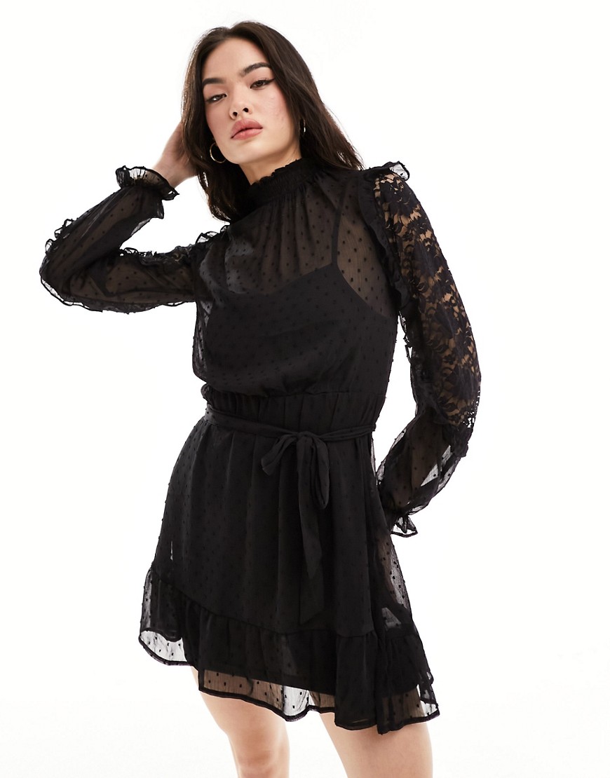 New Look long sleeve ruffle detail chiffon mini dress in black