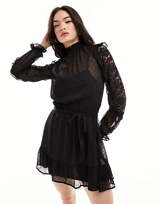 New Look long sleeve ruffle detail chiffon mini dress in black | ASOS