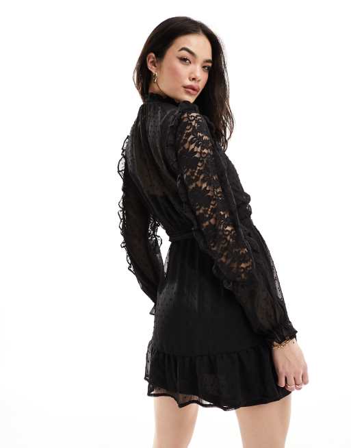 New Look long sleeve ruffle detail chiffon mini dress in black ASOS