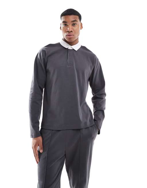 New Look long sleeve rugby polo shirt in dark grey (part of a set)