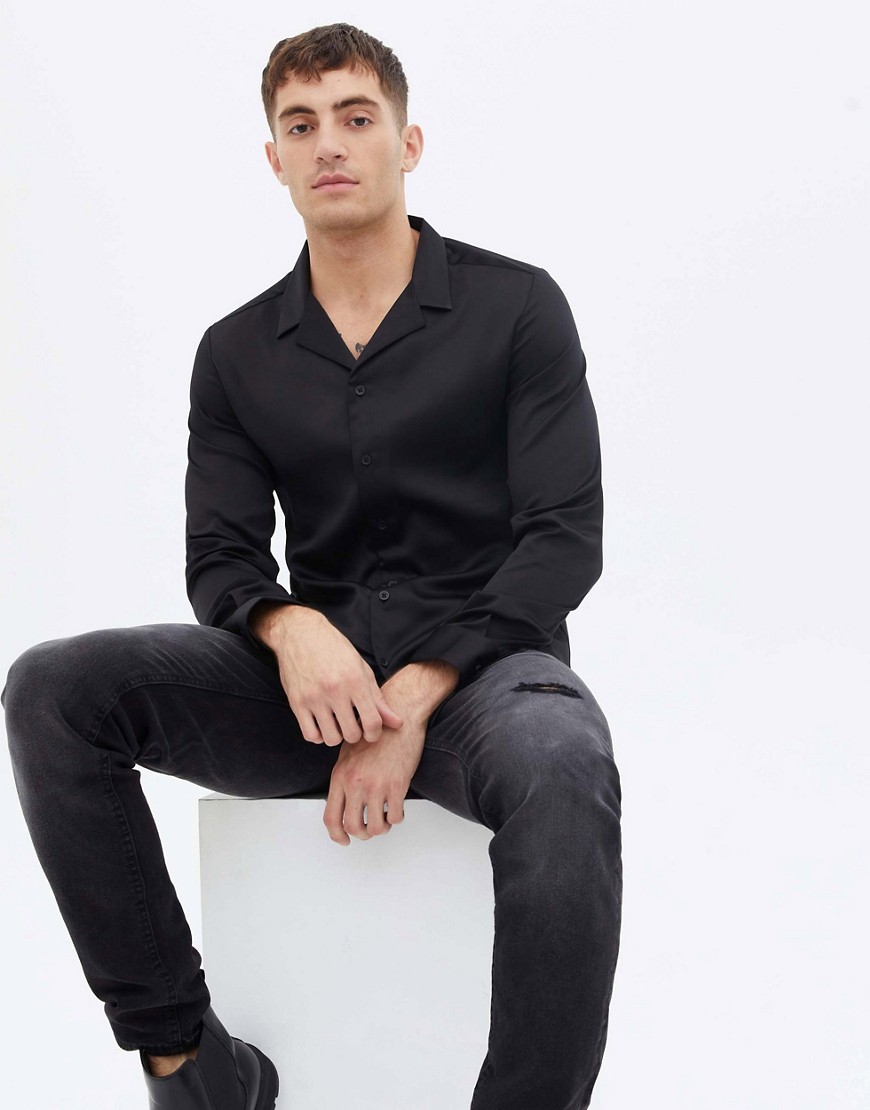 New Look long sleeve satin shirt with revere collar in black