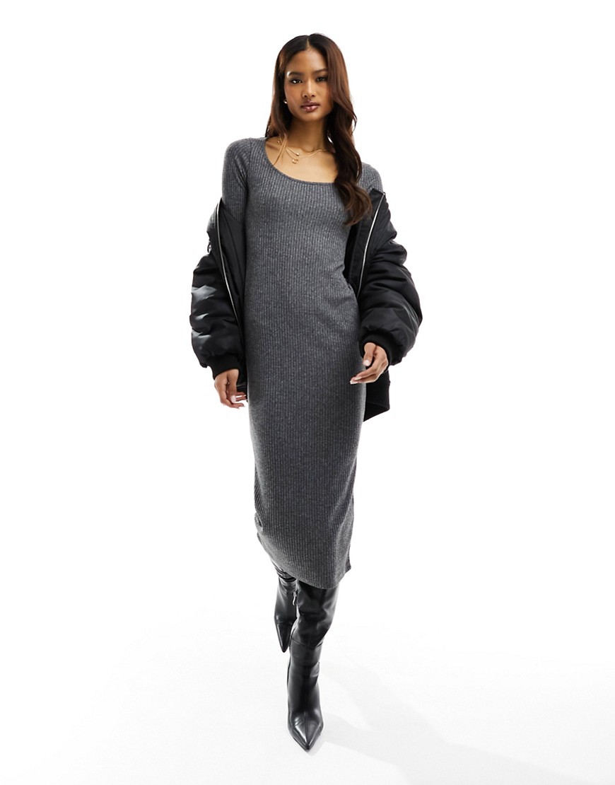 New Look Long Sleeve Scoop Neck Midi Dress In Dark Gray