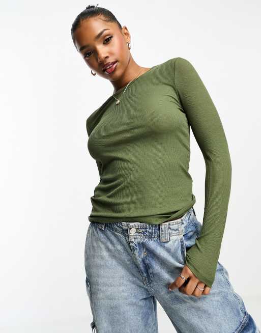 New Look long sleeve sheer top in khaki