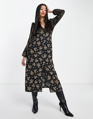 New Look long sleeve side split midi dress in black ditsy floral - ASOS Price Checker