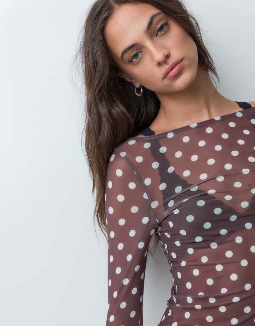 New Look long sleeve slash neck mesh top in brown polka dot, 2 of 5
