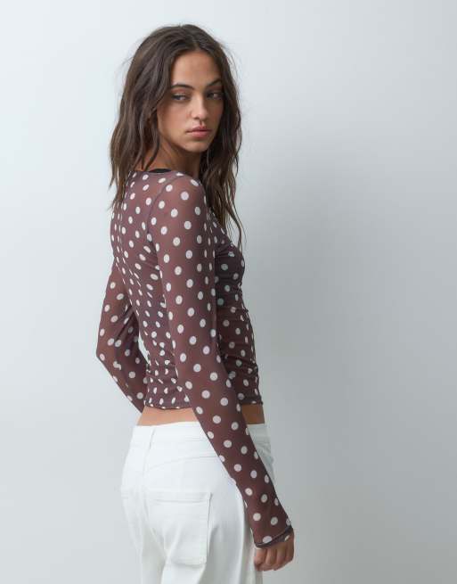 New Look long sleeve slash neck mesh top in brown polka dot, 4 of 5
