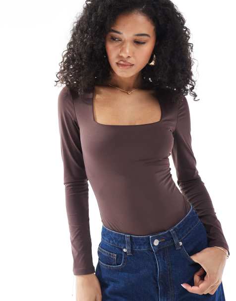 New Look long sleeve square neck bodysuit in brown - view 1