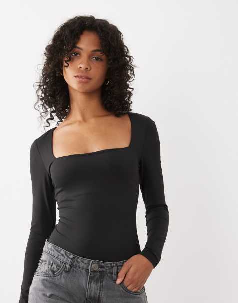 New Look long sleeve square neck slinky body in black - view 1