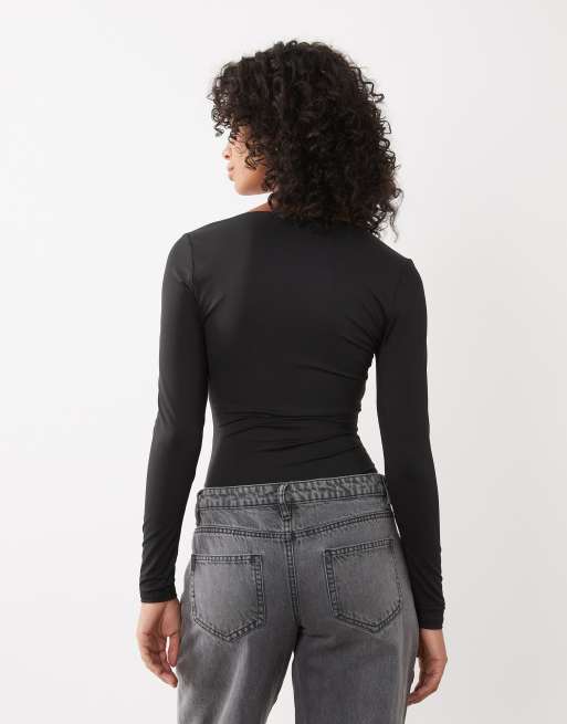 New Look long sleeve square neck slinky body in black, 4 of 4