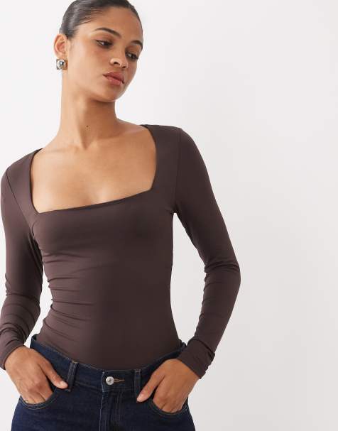 New Look long sleeve square neck slinky body in brown - view 1