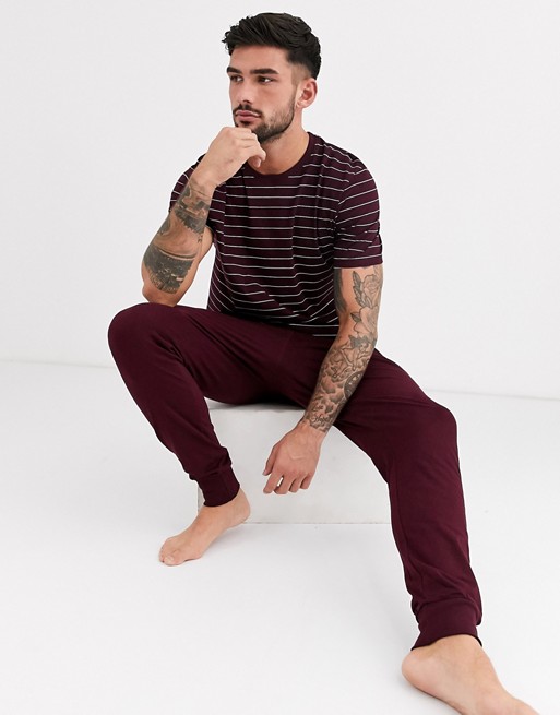 New Look long sleeve stripe t-shirt and jogger lounge set in burgundy