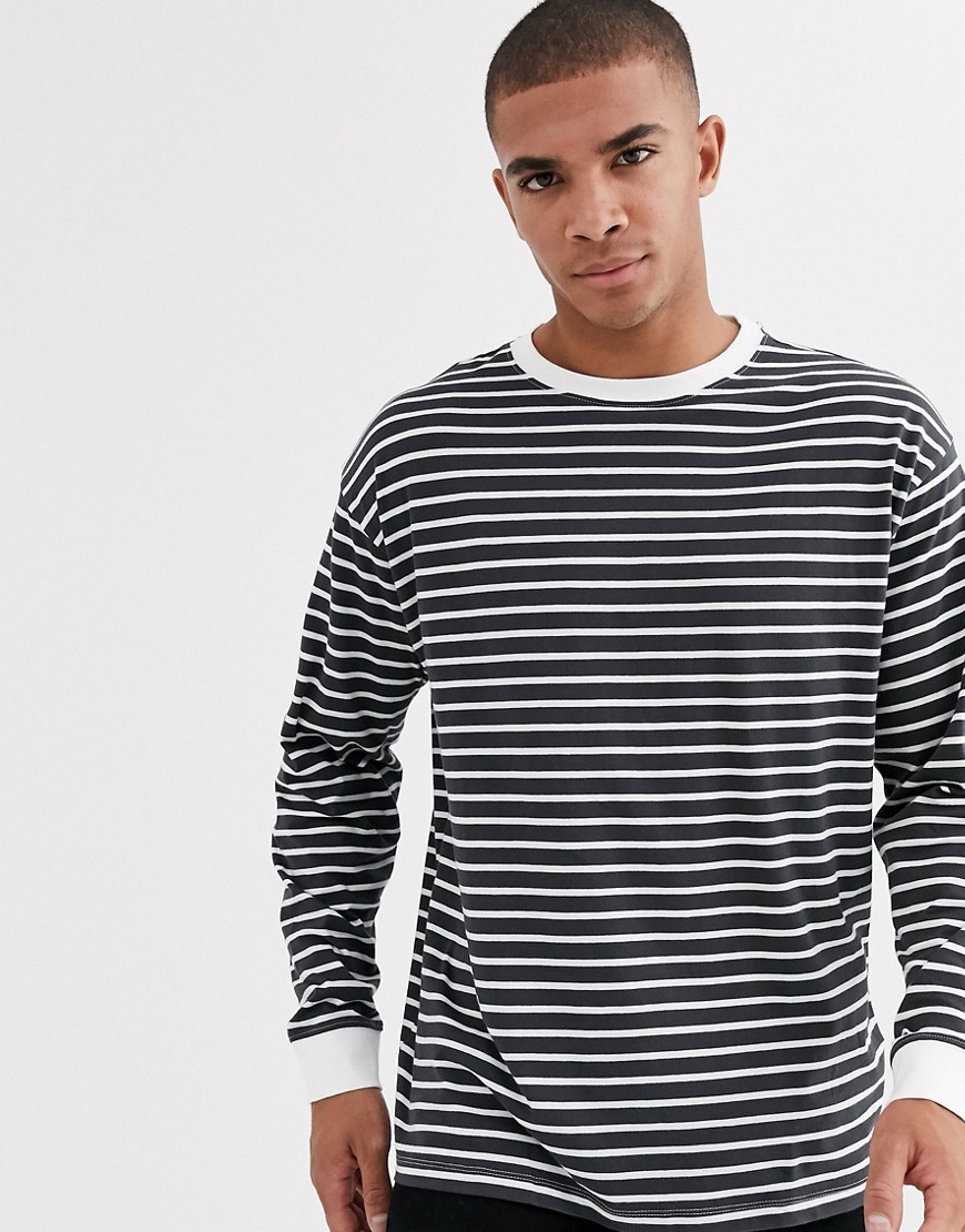 New Look long sleeve stripe t-shirt in mono-Grey