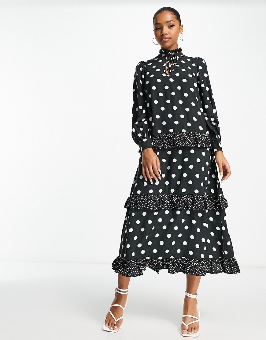 New Look long sleeve tiered midi dress in black polka dot