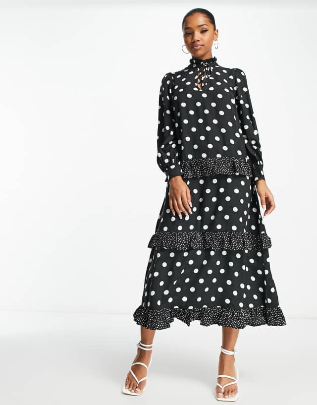 New Look long sleeve tiered midi dress in black polka dot