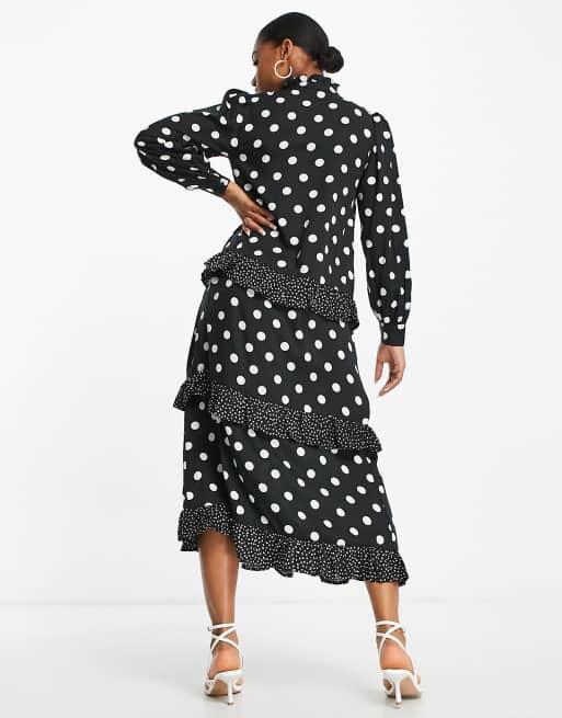 New Look long sleeve tiered midi dress in black polka dot | ASOS