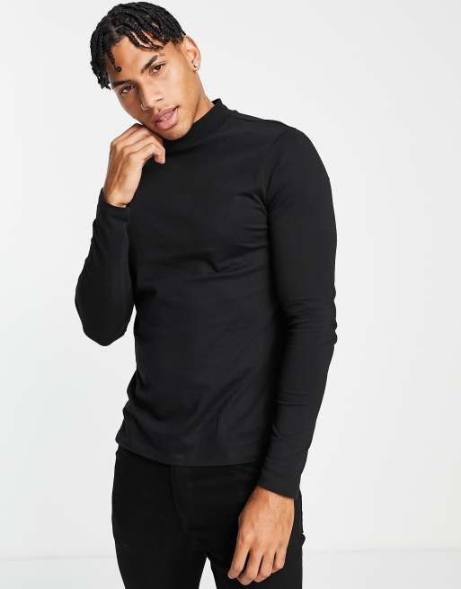 ASOS Design Skinny Long Sleeve Turtle Neck T-Shirt in Textured Faux Leather Black