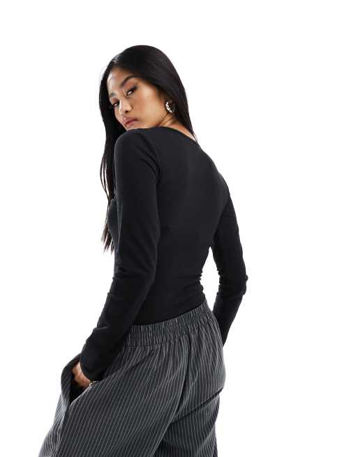 New Look long sleeve twist detail body in black, 4 of 4