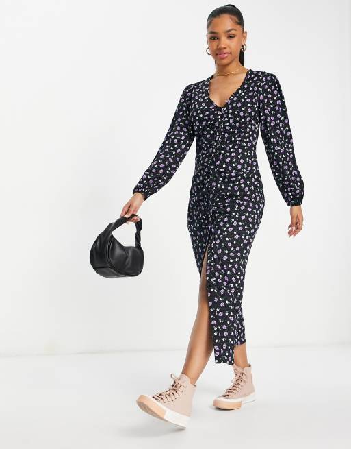 V neck long 2025 sleeve midi dress