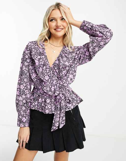 Textured Floral Print Self-Tie Wrap Top  Blouse casual fashion, Fashion  tops, Women