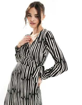 New Look long sleeve wrap midi dress in black and white stripe