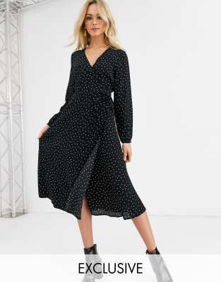 black long sleeve midi wrap dress