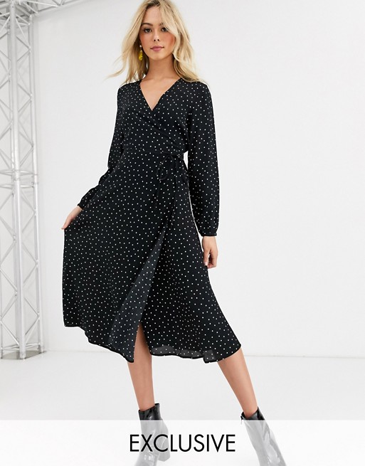 New Look long sleeve wrap midi dress in black polka dot