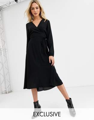 black long sleeve wrap midi dress