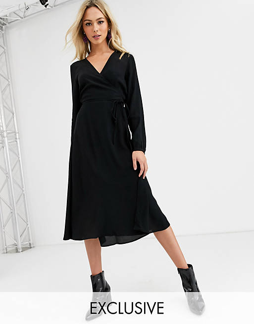 New Look long sleeve wrap midi dress in black | ASOS